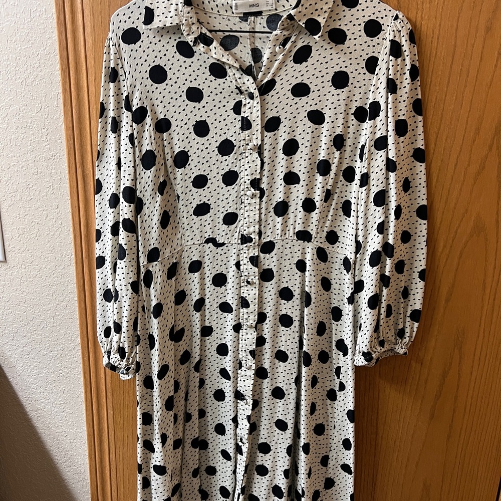 Mango Black Polka Dot Long-Sleeve Shirt Dress on Cream
